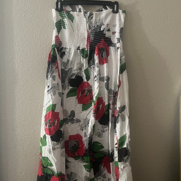 Red/White/Black/Green Floral Below the Knee Strapless Dress - Picture 1 of 2